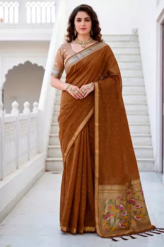 Sangam prints mustard brown cotton blend woven work traditional saree