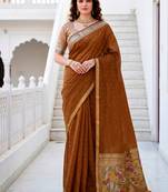 Sangam prints mustard brown cotton blend woven work traditional saree