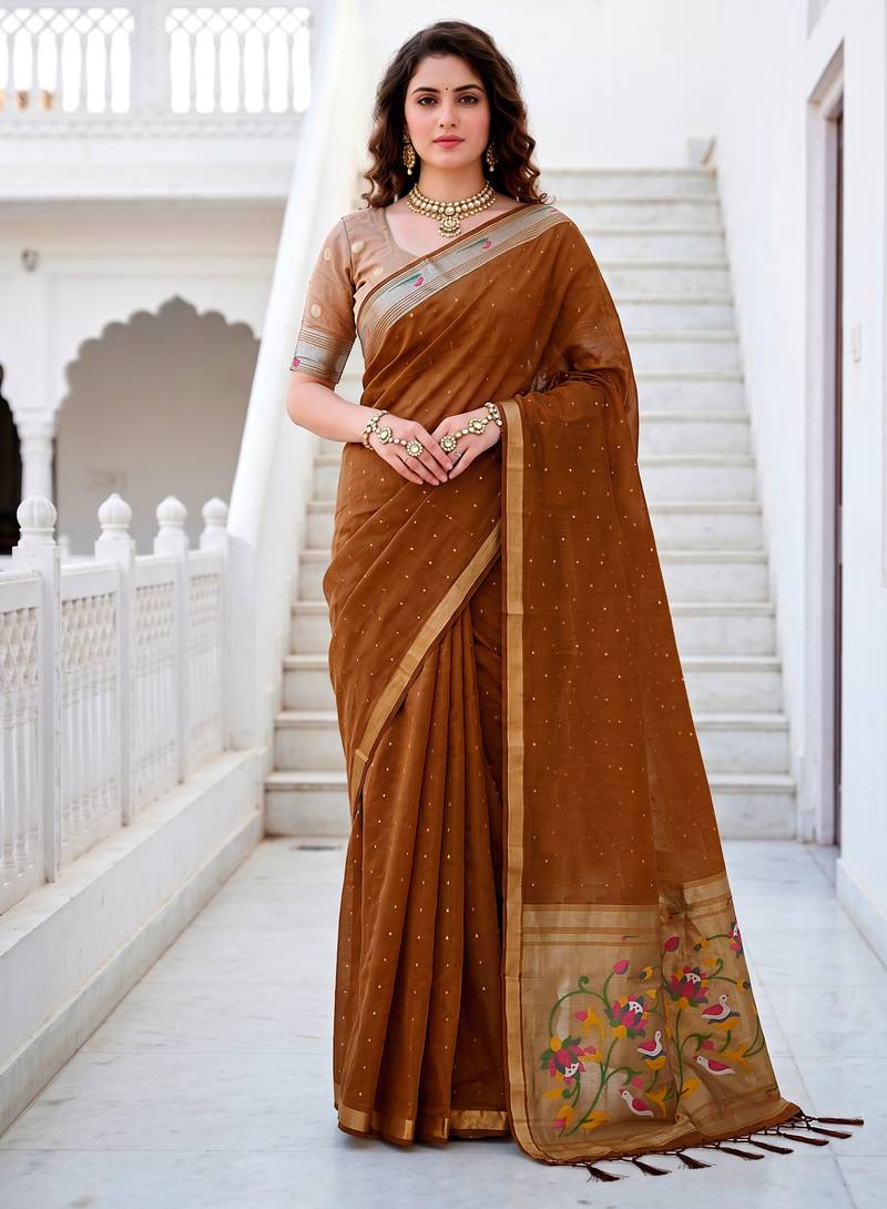 Sangam prints mustard brown cotton blend woven work traditional saree