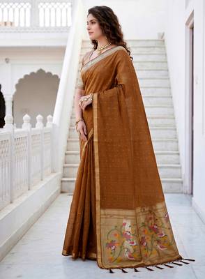 Sangam prints mustard brown cotton blend woven work traditional saree 2