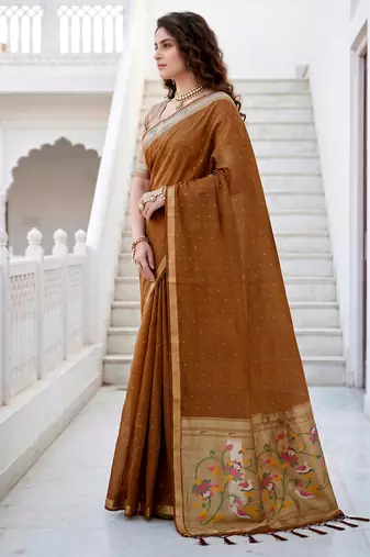Sangam prints mustard brown cotton blend woven work traditional saree