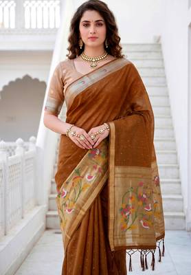 Sangam prints mustard brown cotton blend woven work traditional saree 3