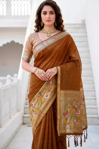 Sangam prints mustard brown cotton blend woven work traditional saree