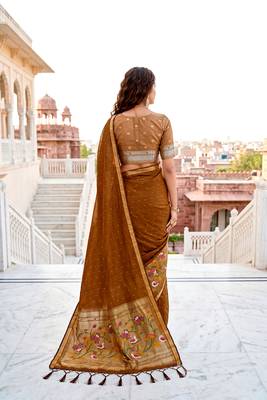 Sangam prints mustard brown cotton blend woven work traditional saree 4
