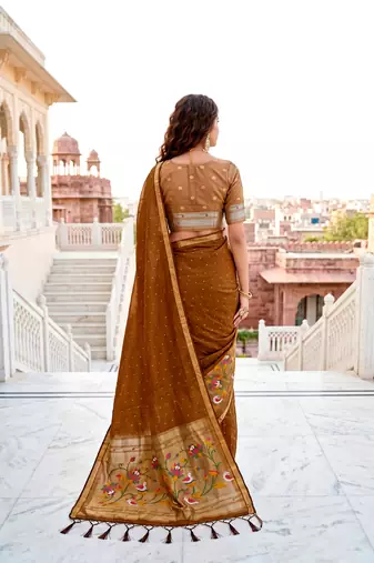Sangam prints mustard brown cotton blend woven work traditional saree