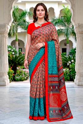 Sangam prints beige teal red cotton blend woven work traditional saree 1