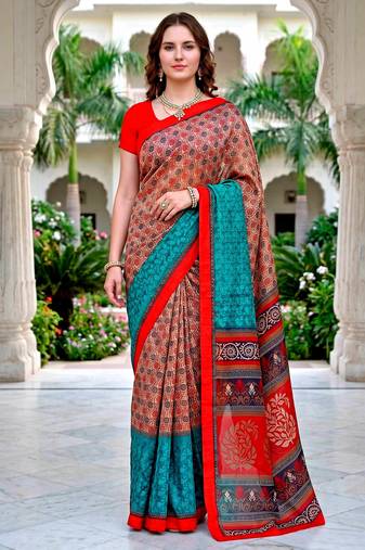 Sangam prints beige teal red cotton blend woven work traditional saree