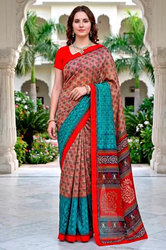 Sangam prints beige teal red cotton blend woven work traditional saree