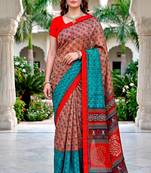 Sangam prints beige teal red cotton blend woven work traditional saree
