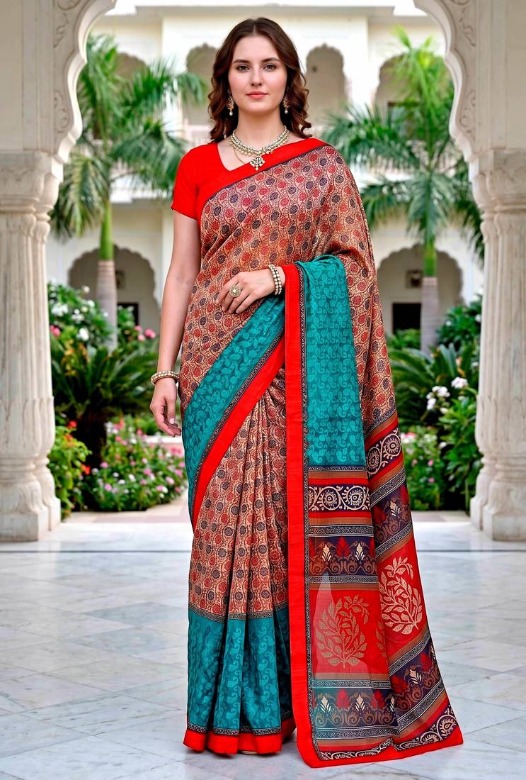 Sangam prints beige teal red cotton blend woven work traditional saree
