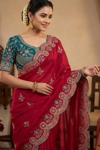 Pink Color embroidery And sequence work Satin Saree