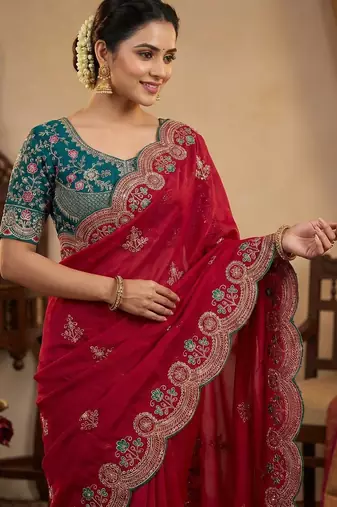Pink Color embroidery And sequence work Satin Saree