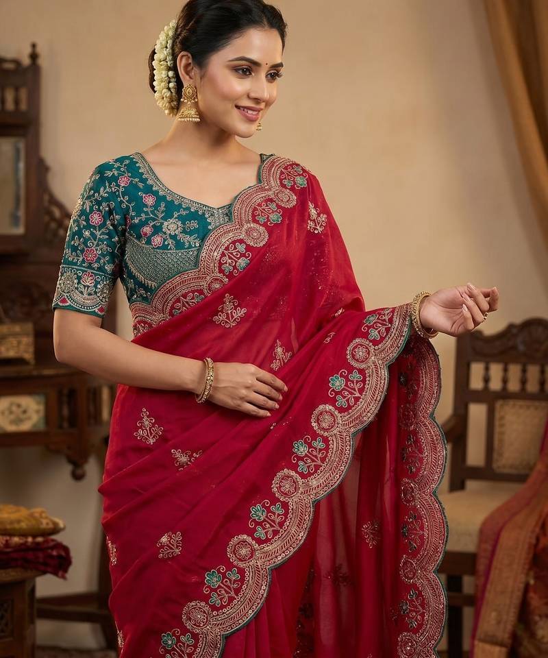 Pink Color embroidery And sequence work Satin Saree