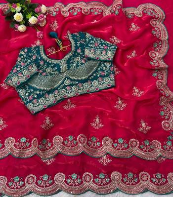 Pink Color embroidery And sequence work Satin Saree 2