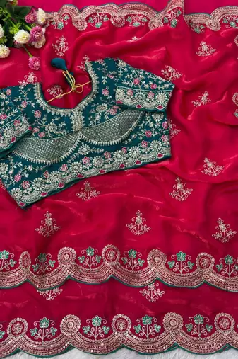 Pink Color embroidery And sequence work Satin Saree