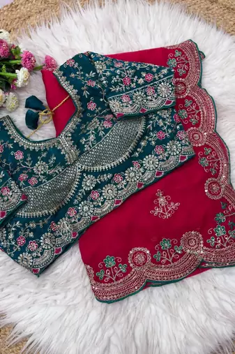 Pink Color embroidery And sequence work Satin Saree