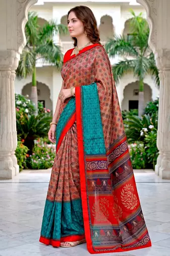 Sangam prints beige teal red cotton blend woven work traditional saree