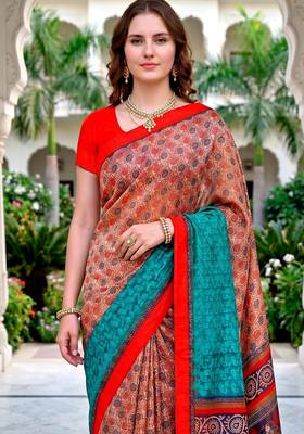 Sangam prints beige teal red cotton blend woven work traditional saree 3