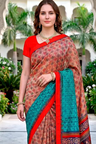 Sangam prints beige teal red cotton blend woven work traditional saree