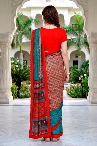 Sangam prints beige teal red cotton blend woven work traditional saree