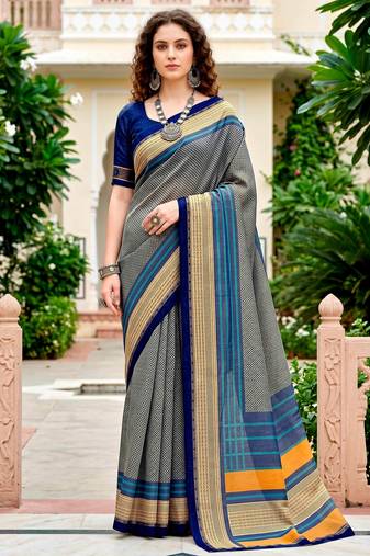 Sangam prints steel grey cotton blend woven work traditional saree