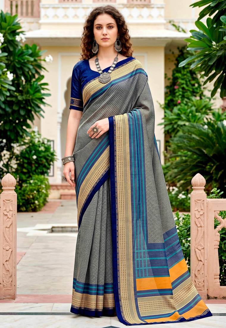 Sangam prints steel grey cotton blend woven work traditional saree