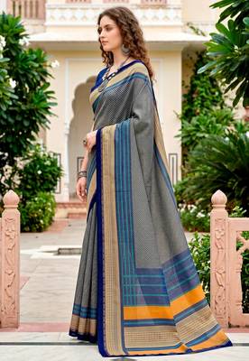 Sangam prints steel grey cotton blend woven work traditional saree 2