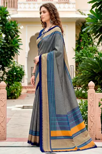 Sangam prints steel grey cotton blend woven work traditional saree