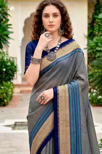 Sangam prints steel grey cotton blend woven work traditional saree