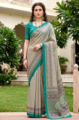 Sangam prints stone grey cotton blend woven work traditional saree