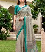 Sangam prints stone grey cotton blend woven work traditional saree