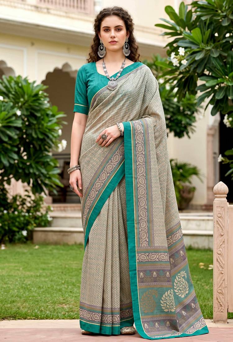 Sangam prints stone grey cotton blend woven work traditional saree