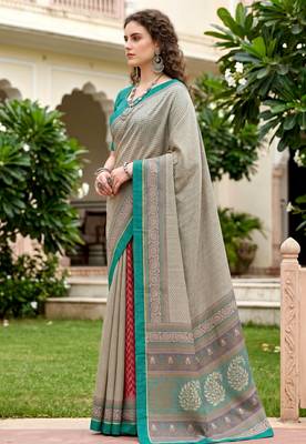 Sangam prints stone grey cotton blend woven work traditional saree 2