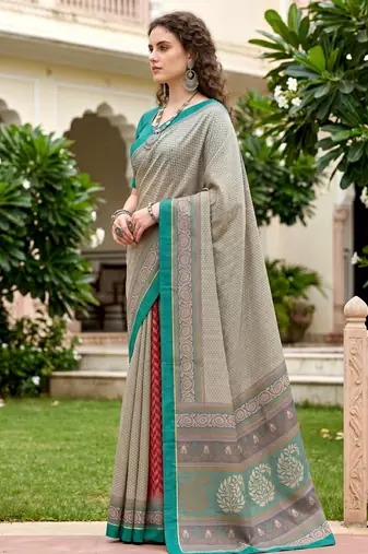 Sangam prints stone grey cotton blend woven work traditional saree