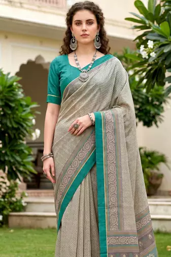 Sangam prints stone grey cotton blend woven work traditional saree