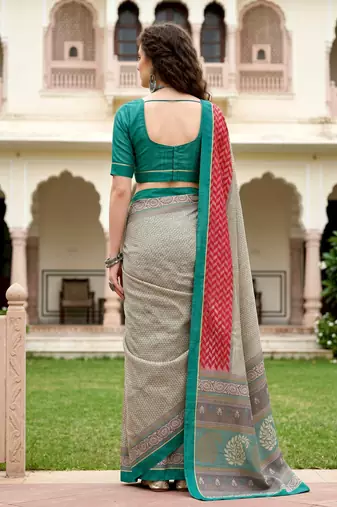 Sangam prints stone grey cotton blend woven work traditional saree