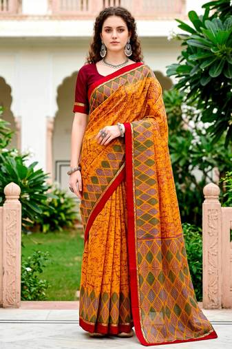 Sangam prints mustard yellow cotton blend woven work traditional saree