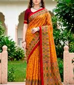 Sangam prints mustard yellow cotton blend woven work traditional saree