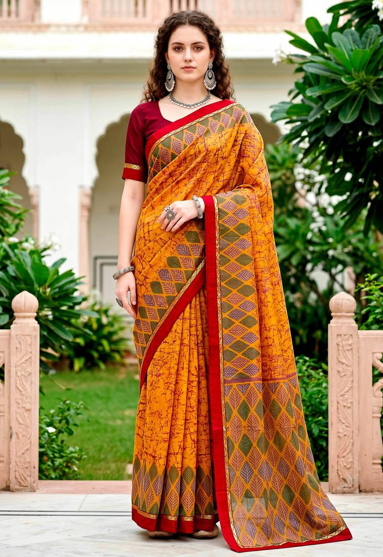 Sangam prints mustard yellow cotton blend woven work traditional saree