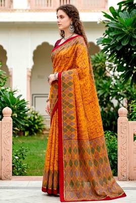 Sangam prints mustard yellow cotton blend woven work traditional saree 2