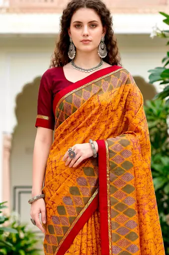 Sangam prints mustard yellow cotton blend woven work traditional saree