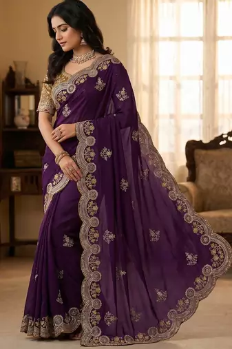 Purple Color embroidery And sequence work Satin Saree