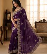 Purple Color embroidery And sequence work Satin Saree