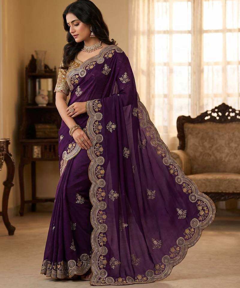 Purple Color embroidery And sequence work Satin Saree
