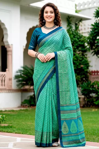 Sangam prints mint green cotton blend woven work traditional saree