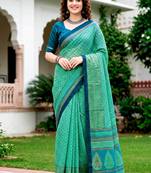 Sangam prints mint green cotton blend woven work traditional saree