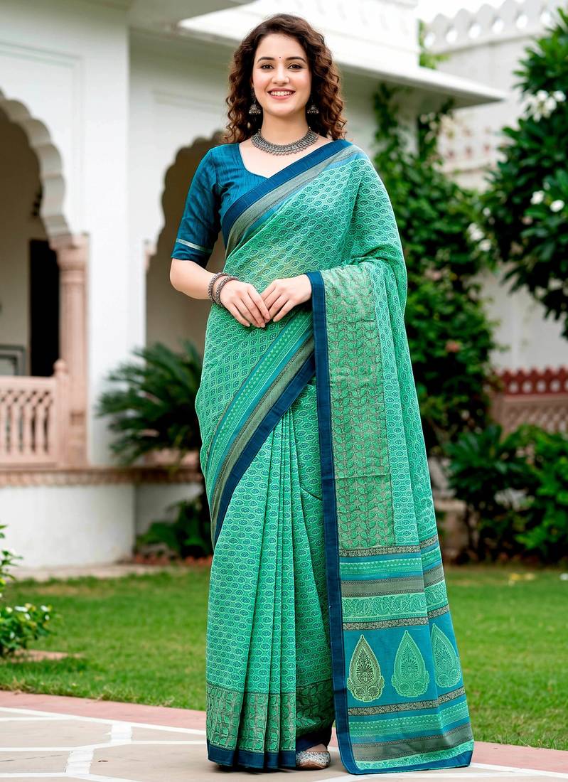 Sangam prints mint green cotton blend woven work traditional saree