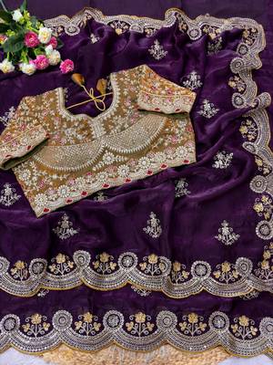 Purple Color embroidery And sequence work Satin Saree 2