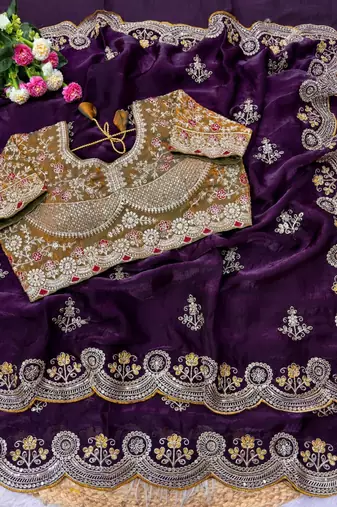 Purple Color embroidery And sequence work Satin Saree