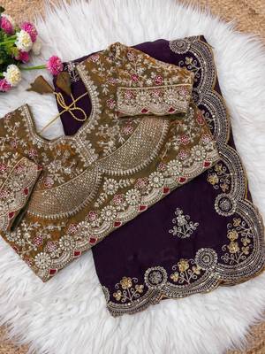 Purple Color embroidery And sequence work Satin Saree 3